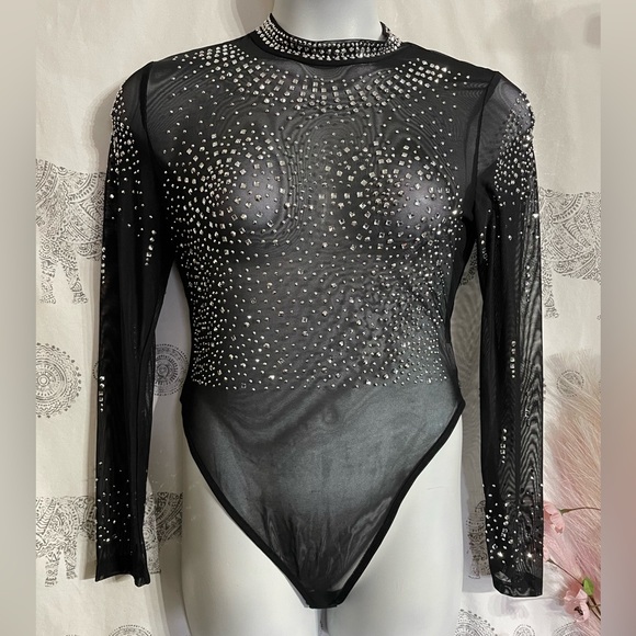 Ladies XL Chicme Black Netted Gem Studded Bodysuit Super Sexy Like New! - Picture 1 of 10
